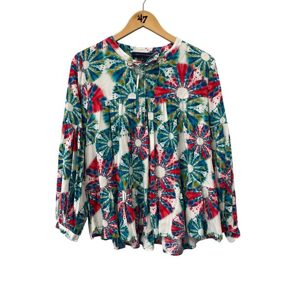 Tommy Hilfiger Blouse Size Small Tie Neck Long Sleeve Tie Dye Boho Art To Wear - Picture 1 of 6